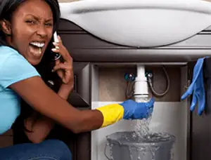 Emergency plumbing repair for a leaking sink drain under a bathroom vanity in Redmond, WA